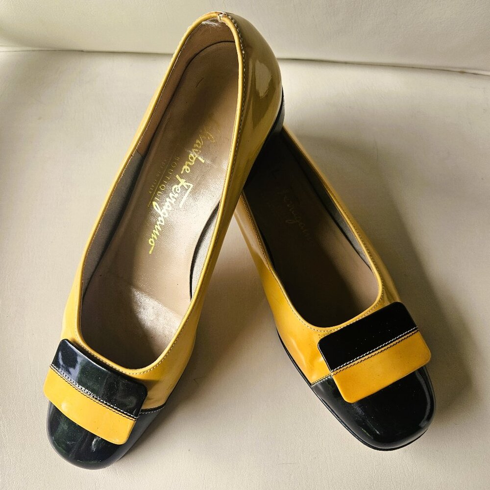 Salvatore Farragamo Yellow & Black Patent Leather Shoes, Size 5 1/2